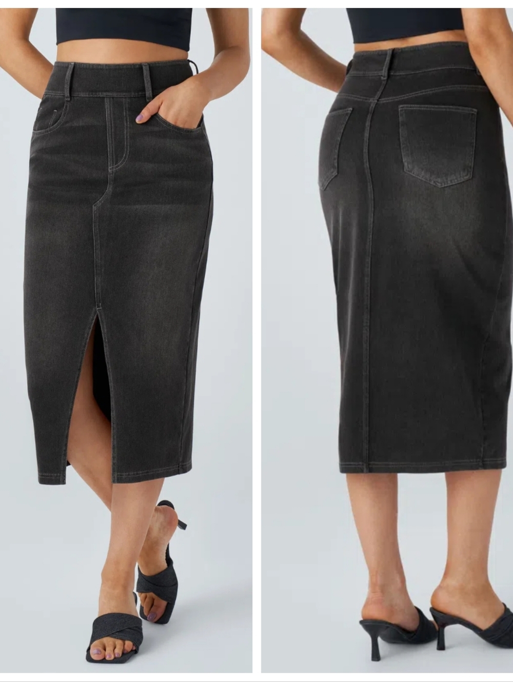 Halara Flex High Waisted Bodycon Washed Denim Casual Midi Skirt Women's Medium